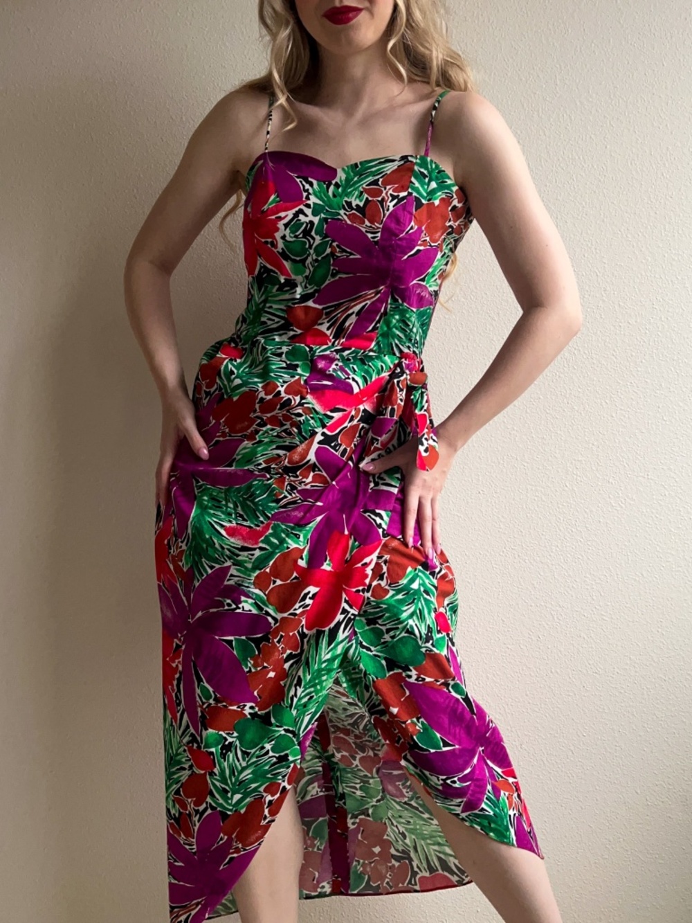 Gorgeous Vintage 1980s Purple and Green Print Summer Dress (L)
